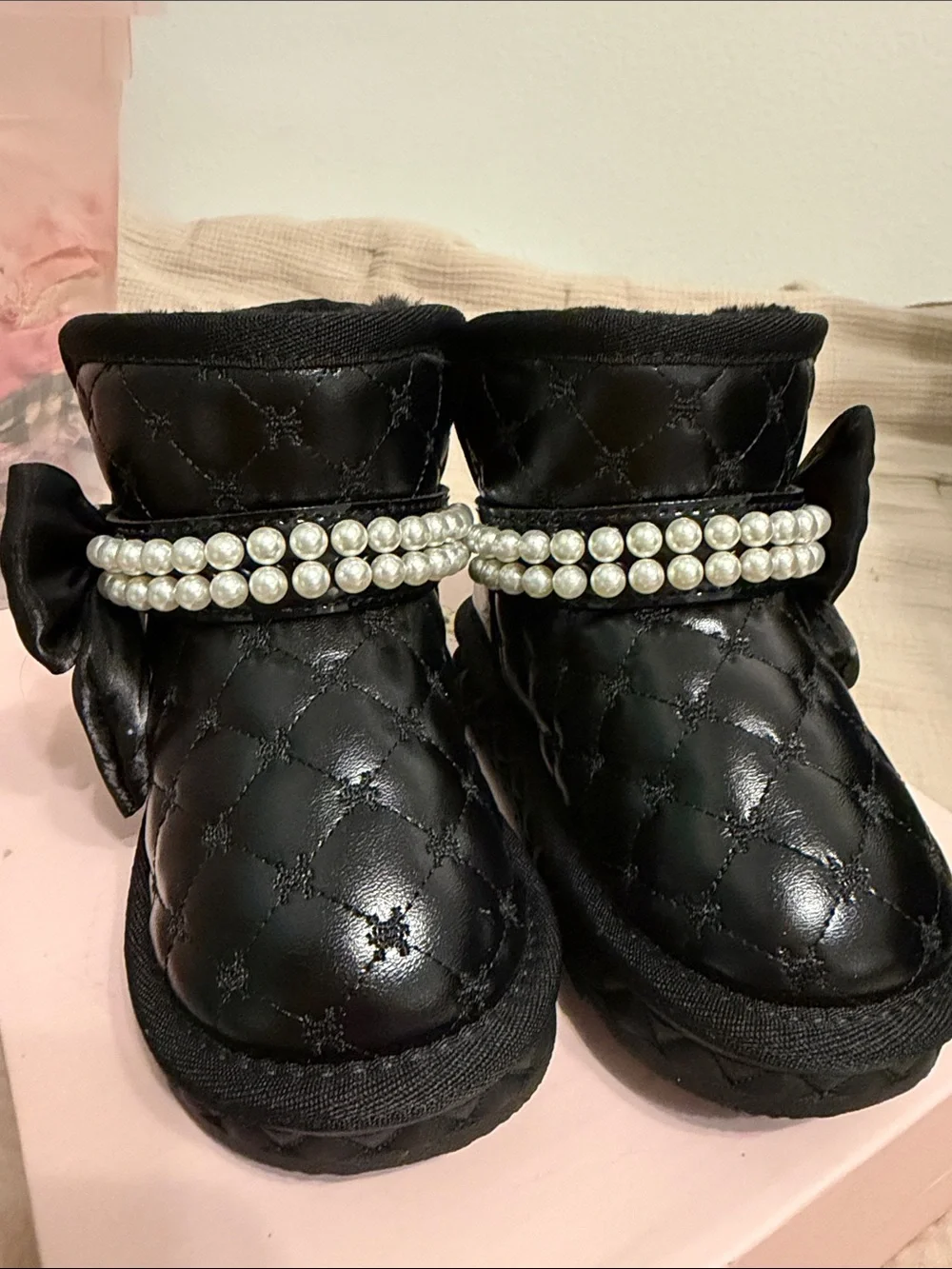 Doe a Dear Black Quilted Pearl-Trim Kids Boots